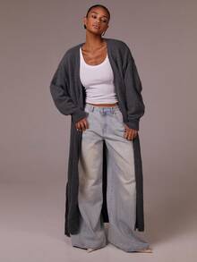 Athîral Women's Casual Solid Color Long Cardigan, Versatile For Autumn/Winter,Fall - Dark Grey - View 2