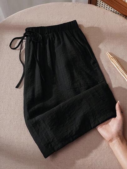 Rusticease Damen Große Größen Texturierte gestreifte Shorts mit elastischem Bund, Kordelzug und Taschen in Dunkelblau für den Sommer
