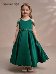 Glamorique Kids 四季女童婚礼宾客/花童礼服，露肩无袖连衣裙，优雅缎面亮片装饰绿色礼服，适合特殊场合 - 墨綠色 - 查看 3