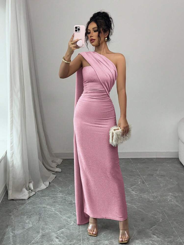 mauve pink bodycon dress Selianne Women's Elegant Dusty Summer Wedding Ninang Cocktail Party Asymmetric Shoulder Ruched Dress,Shiny Stretchy Knit Back Slit Date Night Prom dress