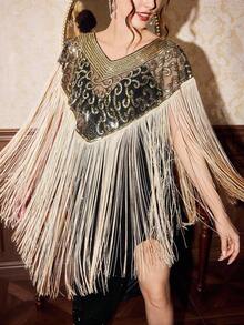 Vintamour 时尚亮片刺绣流苏下摆披肩上衣 - 黑色和金色 - 查看 6