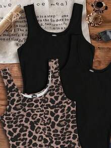 SHEIN EZwear 3pcs Solid Color Versatile Leopard Print Camisole Tops, Suitable For Summer - Multicolor - View 4