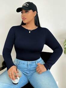 SHEIN EZwear 大码女式纯色圆领长袖休闲T恤紧身衣 - 藍色 - 查看 4