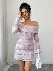 SHEIN Clasi Women's Off Shoulder Tie-Dye Striped Bodycon Mini Knit Dress - Purple - View 3