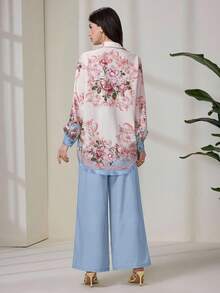 Seusyu 2pcs Women Vintage Flower Print Blouse And Pants Set - Blue - View 5
