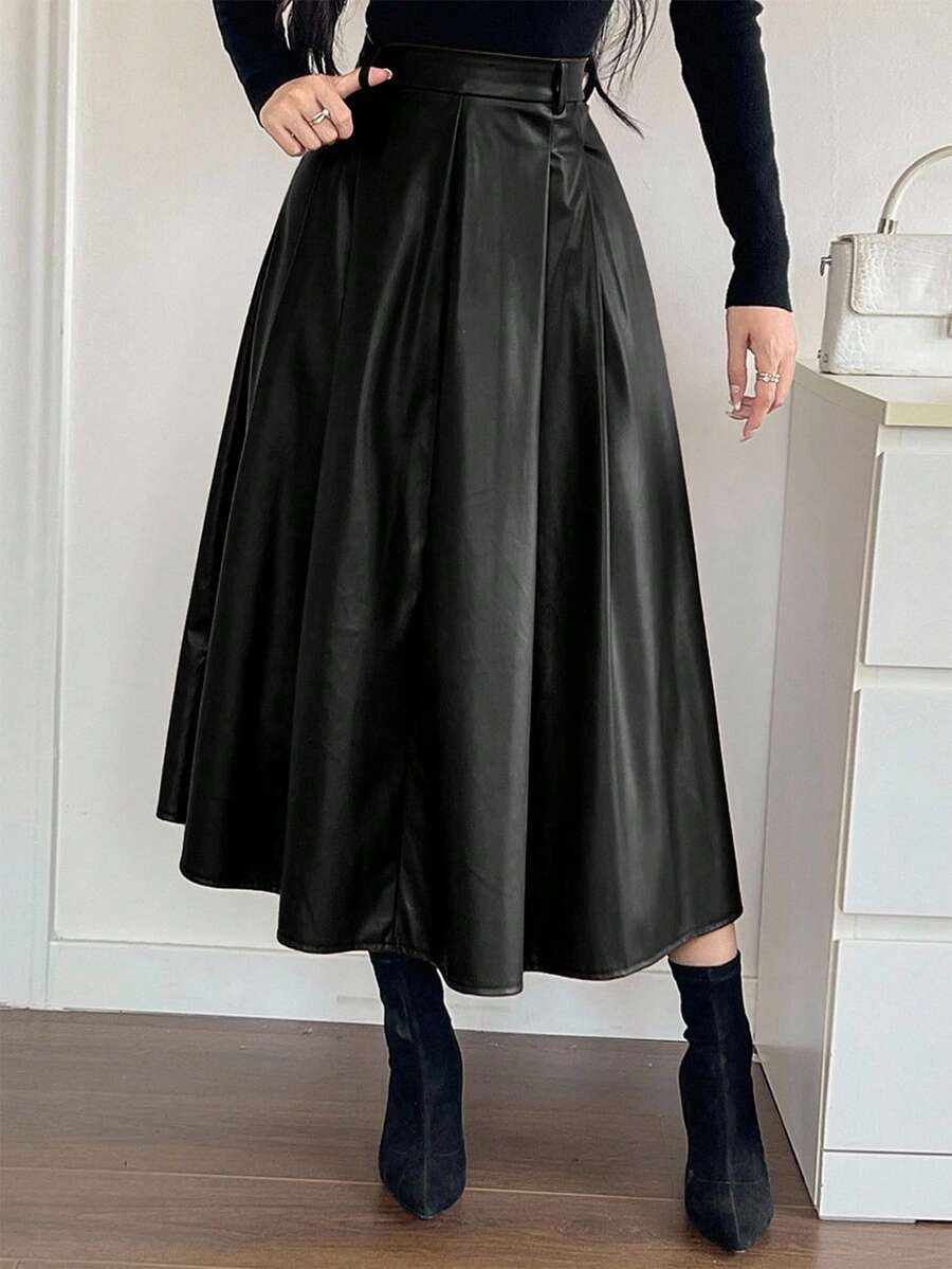DAZY 女士优雅纯色百褶A字裙，秋季皮裙，冬季女裙 - 黑色 - 查看 1