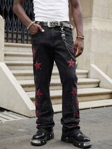 ROMWE MEN Street Life Men's Star Embroidered Layered Denim Jeans - Black - View 6