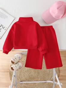 SHEIN 2pcs Baby Girl Fleece Sweatshirt & Pants Set, Embroidered Letter Design, Suitable For Outdoor And Indoor Wear, Autumn/Winter Fall - Red - View 2