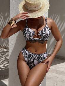 Swim SXY 2pcs/Set Low Cut High Waist Snakeskin Print Bikini Swimsuit - Multicolor - View 4