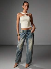 Hauture Women Halter Neck Ruched Brown Crop Top With Gold Ornament - Apricot - View 5