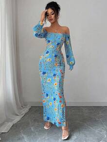 Rafferiza Women's Light Blue Floral Elegant Summer Holiday Vacation Holiday Off-Shoulder Floral Branch Print Mesh Elastic Waist Bodycon High Slit Maxi Dress - Blue - View 5