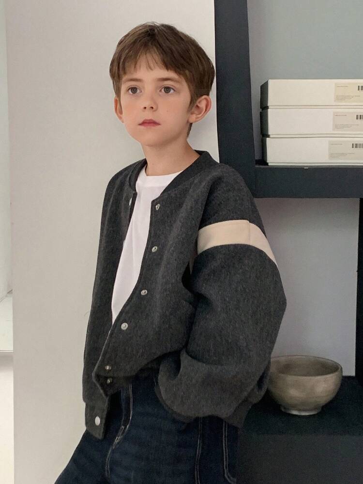 Tween Boys' Casual Loose Fit Contrast Color Block Jacket, Street Style For Autumn