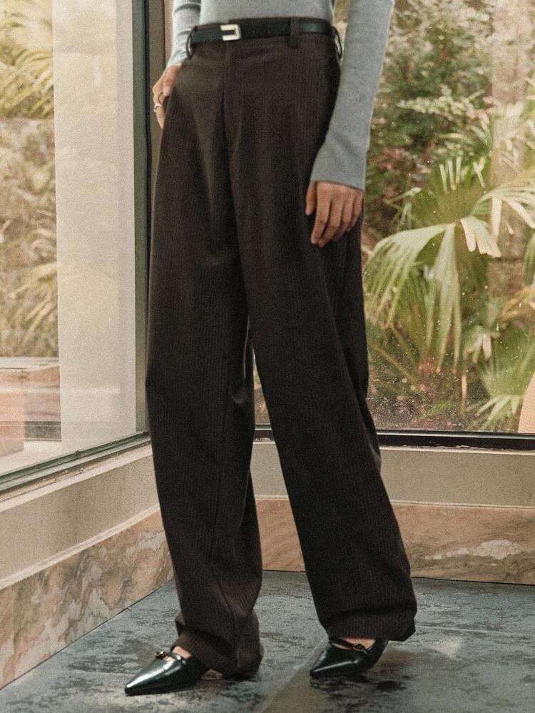 Women's Solid Color Casual Loose Straight Leg Pants With Belt Loops Business Casual Woman