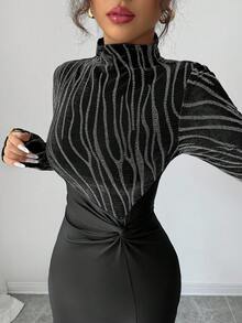 Modelyn 女式斑马条纹立领长袖侧开衩下摆扭腰修身连衣裙，带烫金印花，优雅晚会礼服，女士优雅开叉，开叉大腿，扭纹长袖立领修身长款黑色常规袖图案修身女式长裙，春/秋，休闲日常穿着超长女装长款晚礼服 - 銀色 - 查看 1