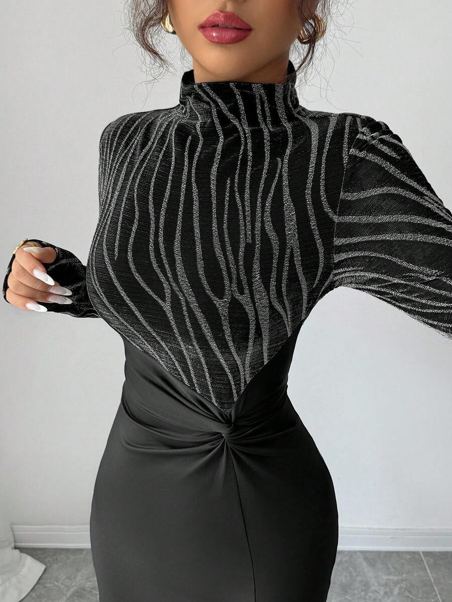 Modelyn 女式斑马条纹立领长袖侧开衩下摆扭腰修身连衣裙，带烫金印花，优雅晚会礼服，女士优雅开叉，开叉大腿，扭纹长袖立领修身长款黑色常规袖图案修身女式长裙，春/秋，休闲日常穿着超长女装长款晚礼服 - 銀色 - 查看 1