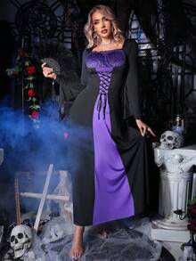 Women's Skull Print Square Neck Tie-Up Design Costume Dress  Cozy And Elegant Details - Black - View 5