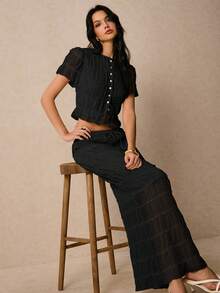 Poéselle Bộ 2 món áo cánh xếp ly bằng vải voan và chân váy dài cho nữ - màu đen - Xem 7