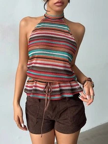 Aloruh Orange Red Striped Print Drawstring Waist Halter Top,Summer Boho Vacation Holiday Fall Clothes For Women Halloween Costumes Winter Clothes - Multicolor - View 4