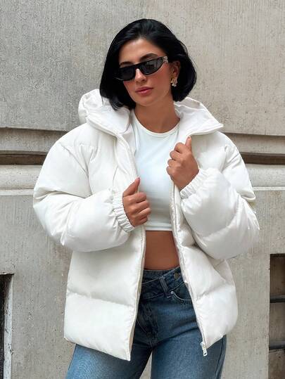 EURMUSE Women's Zipped Collar Furry Hooded Casual Padded Coat, Winter Style White Puffer Jacket Women  Oversized Puffer Jacket