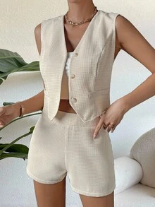 Chiquease Solid Button Front Vest Blazer & Shorts - Apricot - View 4