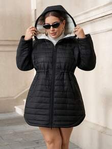 SHEIN Clasi Plus Size Women's Hooded Cinched Waist Thick Black Cotton Coat,Winter,Casual,Elegant,Hiking,Black And White,Autumn,,Work Wear,Office Attire - Black - View 6