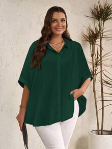 EMERY ROSE Plus Size Women's Solid Color Batwing Sleeve Single-Breasted Casual Loose Shirt - Dark Green - View 4