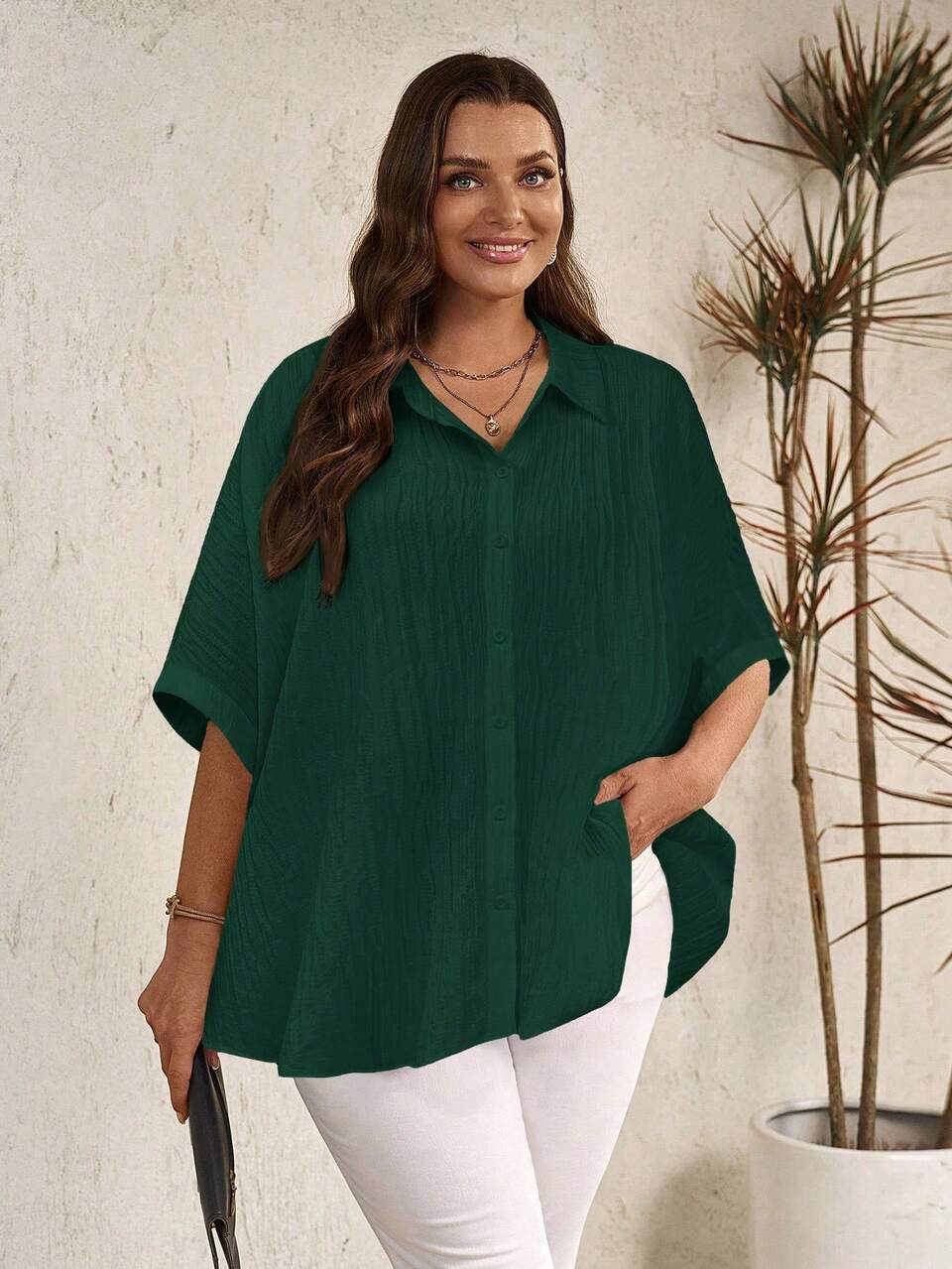 Plus Size Women's Solid Color Batwing Sleeve Single-Breasted Casual Loose Shirt