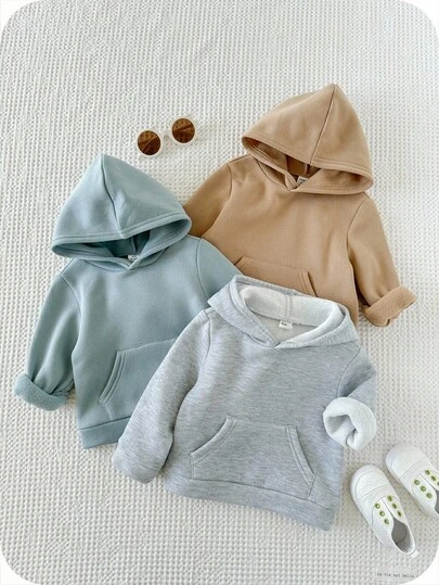 SHEIN 3pcs/Set Baby Boy/Girl Cute Solid Color Thermal Lined Hoodies, Unisex Baby Clothes, Baby Winter Clothes Fall