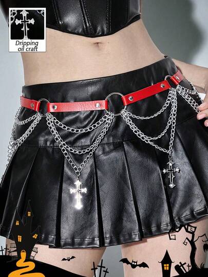 Goth 1pc Women's Black Hollow Star & Circle Decor Chain Belt, Punk Style Decoration For Daily Dress