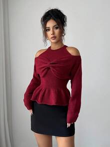 Elenzga Suéter de punto con volantes en el bajo, mangas largas, hombros descubiertos y decoración de lazo exagerado de unicolor para mujer - Rojo - Ver 4