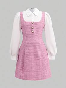 Vestido casual minimalista e confortável para meninas adolescentes, gola longa, manga comprida, 2 em 1, cintura marcada