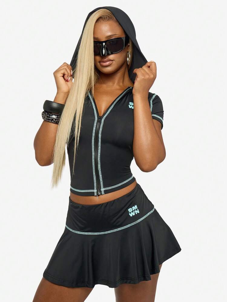 SUMWON WOMEN Fitted Zip Through Short Sleeve Hoodie