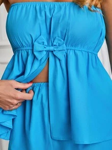 EURMUSE Women Shorts And Bow Detailed Top Two Pieces Outfit - Royal Blue - View 6