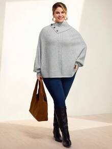 Momelise Suéter de manga de murciélago de unicolor talla grande, otoño/invierno - Gris - Ver 4