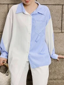 Calvaya Plus Size Women's New Commuting Elegant Casual Striped Patchwork Asymmetrical Long Sleeve Blouse Fall Cloth For Women - Multicolor - View 3