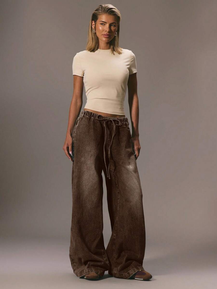 MUSERA Drawstring Denim Trousers Spring 90's Y2k Cute Elegant Casual Vacation Summer Western Holiday Concert Fall Autumn Winter Nashville Casual  Chic - Brown - View 1