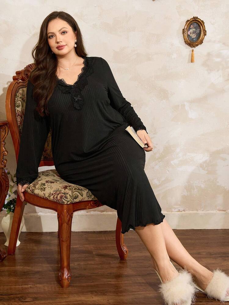 Côtesoire V领蕾丝边柔软透气罗纹长袖休闲睡裙，女士大码，秋冬季舒适保暖。 - 黑色 - 查看 6