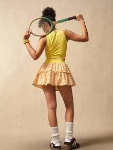 VARSITIE Summer Casual Plaid Contrast Waistband Sports Yellow Skirt Shorts