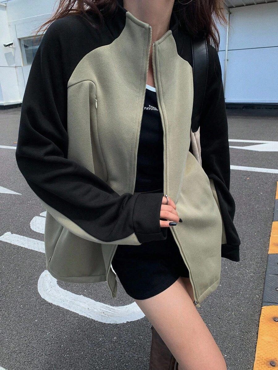 DAZY 女式撞色宽松立领长袖休闲羊毛夹克秋冬 - 軍綠色 - 查看 1
