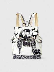 ROMWE Kawaii Leopard Print Patchwork Cat & Dog Bow Decor Backpack - White - View 1