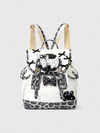 Kawaii Leopard Muster Patchwork Katzen- & Hunde-Schleifen Dekor Rucksack