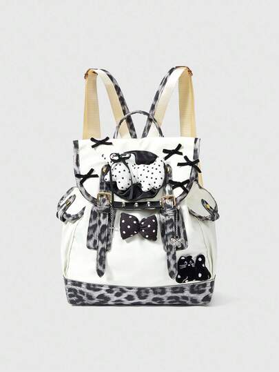 Kawaii Leopard Print Patchwork Cat & Dog Bow Decor Backpack