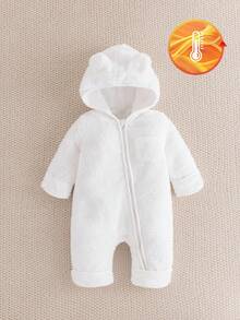 SHEIN 1pc Baby Girls Autumn/Winter Fashion Cute White Furry Hooded Long Sleeve Jumpsuit With Hat & Ear Decor, Suitable For Daily Photoshoot Fall - White - View 1