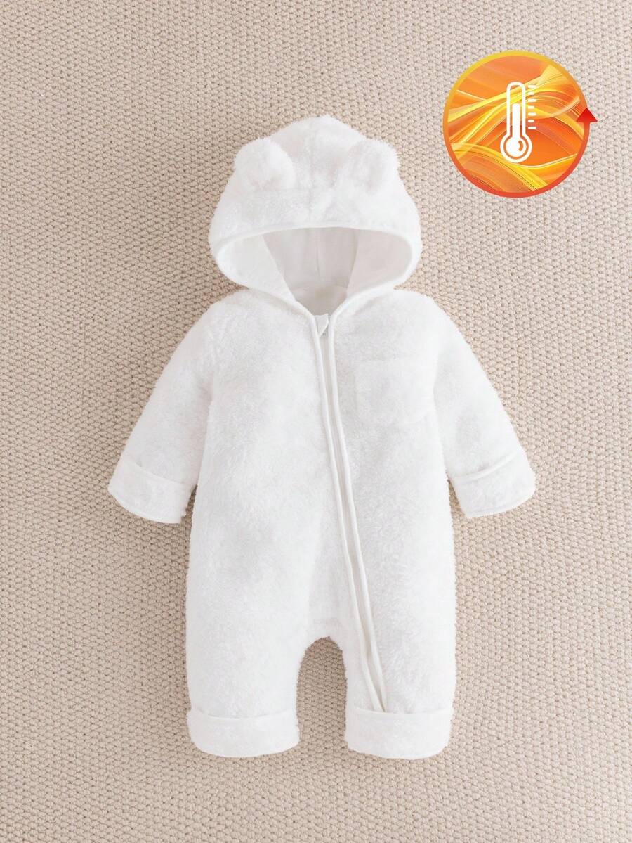 SHEIN 1pc Baby Girls Autumn/Winter Fashion Cute White Furry Hooded Long Sleeve Jumpsuit With Hat & Ear Decor, Suitable For Daily Photoshoot Fall - White - View 1