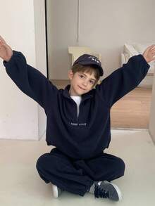 DAZY 青少年男孩半拉链插肩长袖宽松休闲运动衫套装 - 藏蓝色 - 查看 5