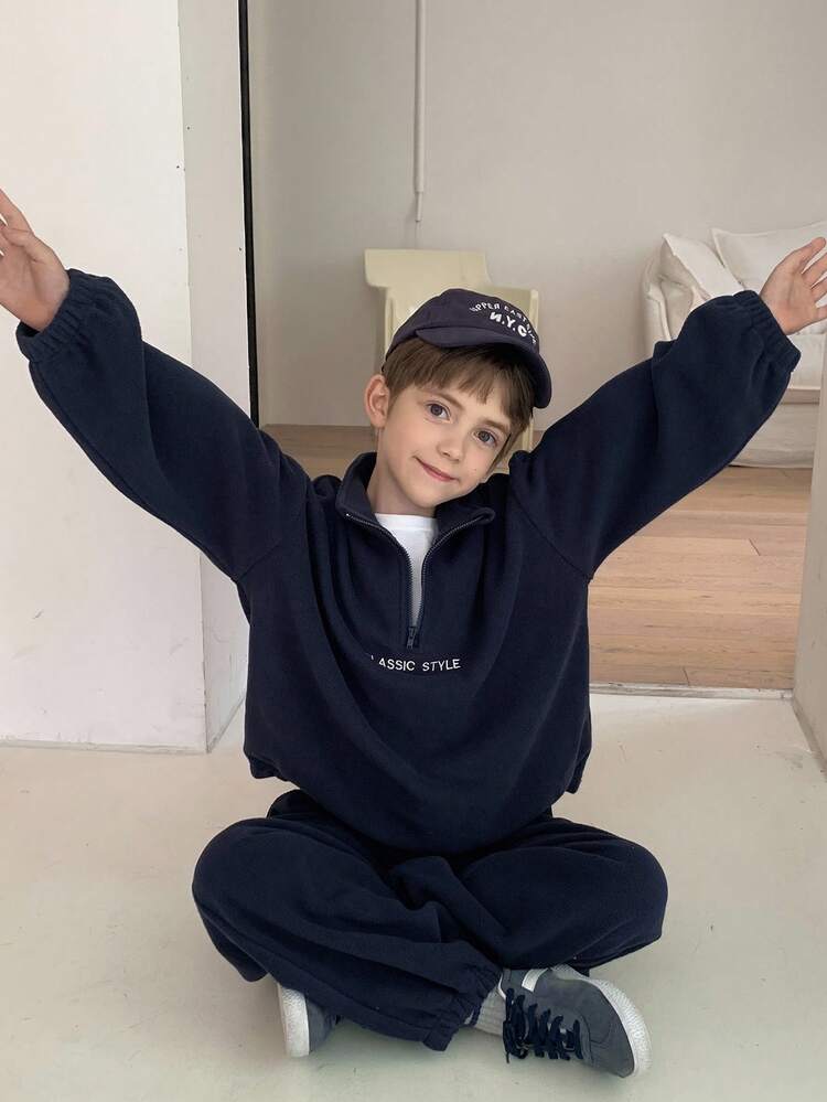 DAZY Conjunto de sudadera holgada de manga larga con media cremallera y cuello raglan para niño preadolescente - Azul Marino - Añade 5