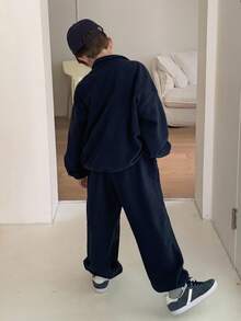 DAZY 青少年男孩半拉链插肩长袖宽松休闲运动衫套装 - 藏蓝色 - 查看 4