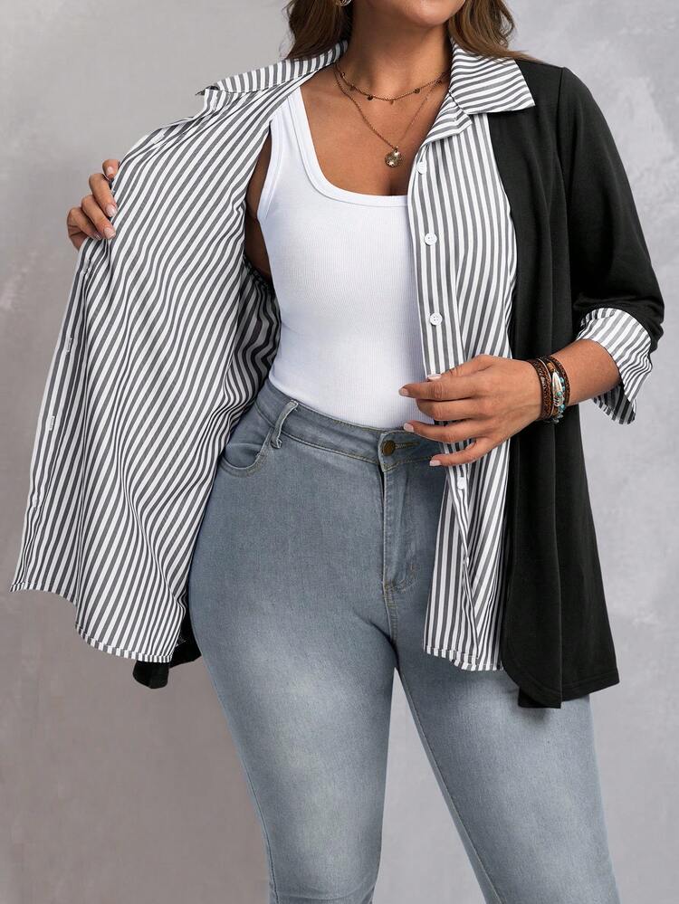Plus Size Women Striped 3/4 Sleeve Casual Shirt/ Winter