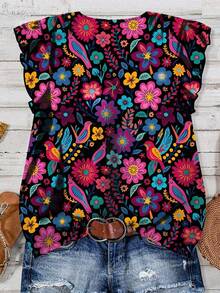 EMERY ROSE Áo sơ mi nữ họa tiết hoa Bohemian thường ngày, phù hợp cho mùa hè - màu đen - Xem 2