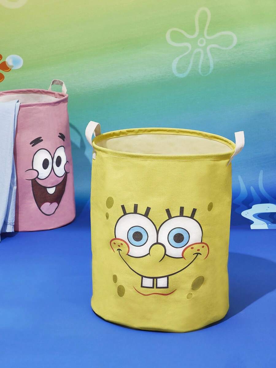 SpongeBob SquarePants | SHEIN 1pc Cartoon Pattern Storage Basket, Linen Material, High-Definition Printing, Can Store Various Items Such As Clothes And Toys - Yellow - View 1